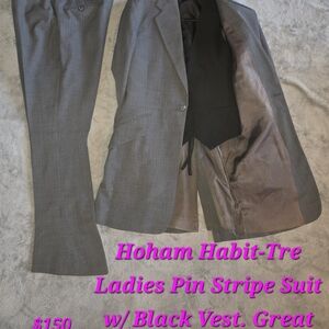 Gray Pinstripe Suit Jacket & Pants with Black Vest